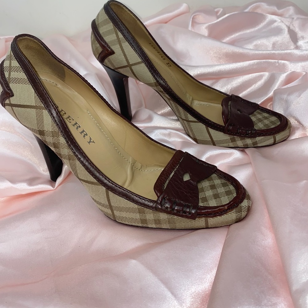 Burberry Brown Plaid High Heel Loafer Pumps Sz 6.5